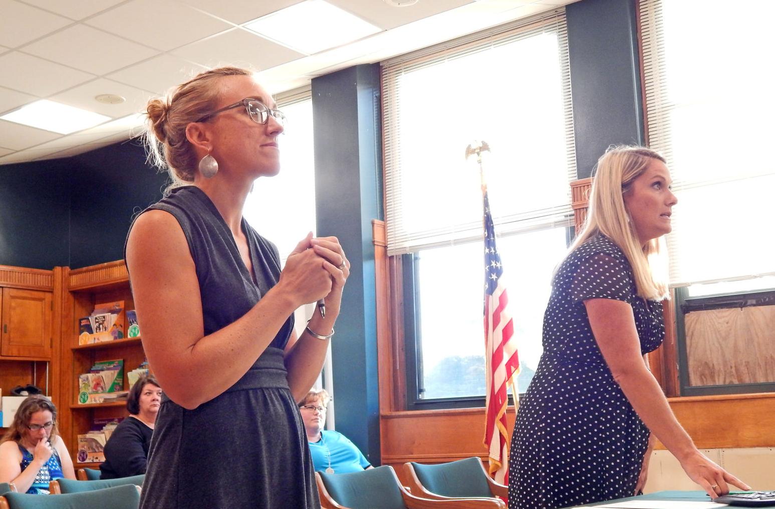 Jamie McCaffrey, Newfield schools social worker (left) and Laine Gillette, Newfield Elementary School assistant principal, speak about providing emotional support for students at a meeting of the Newfield Central School Board of Education Sept. 5.